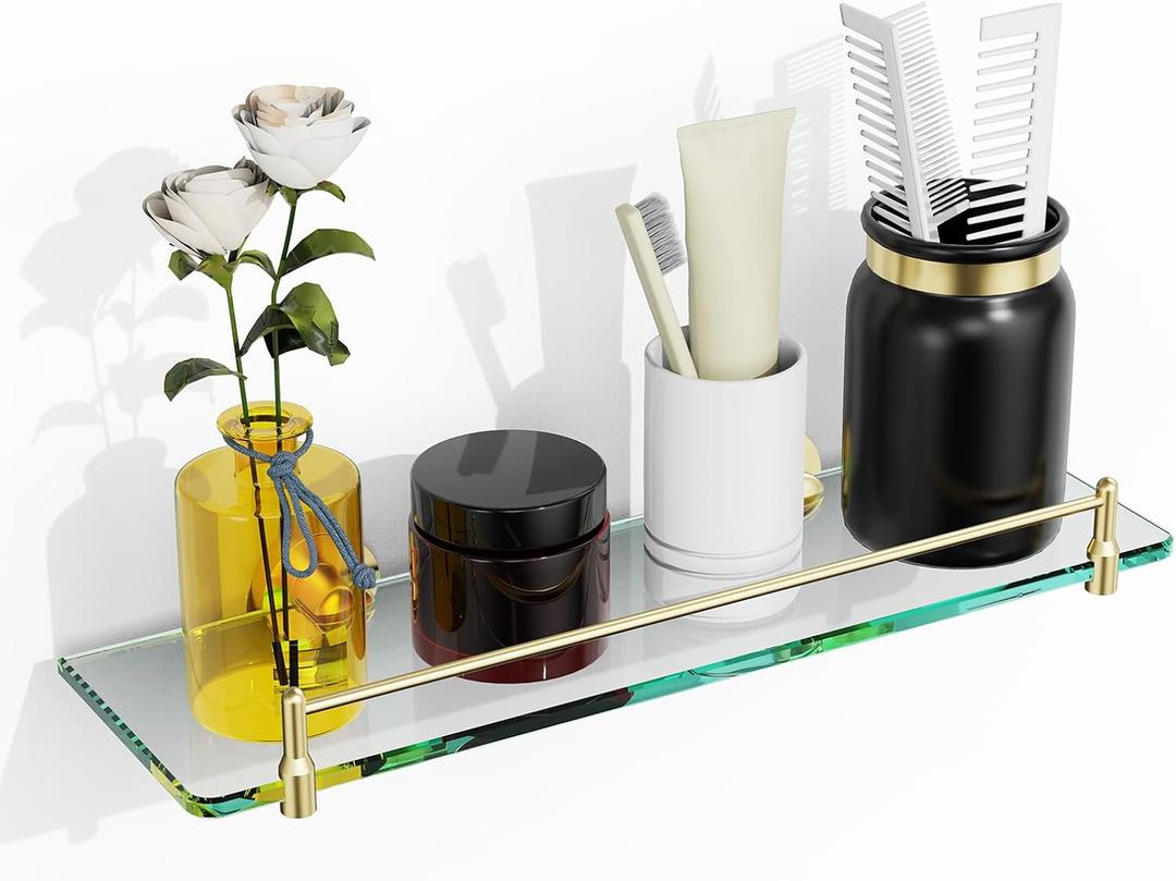 Glass Bathroom Shelves,Brushed Gold Floating Shelves for Wall Rectangular Modern Stainless Steel Glass Shelf for Bathroom Shelves Wall Mounted 16 Inch