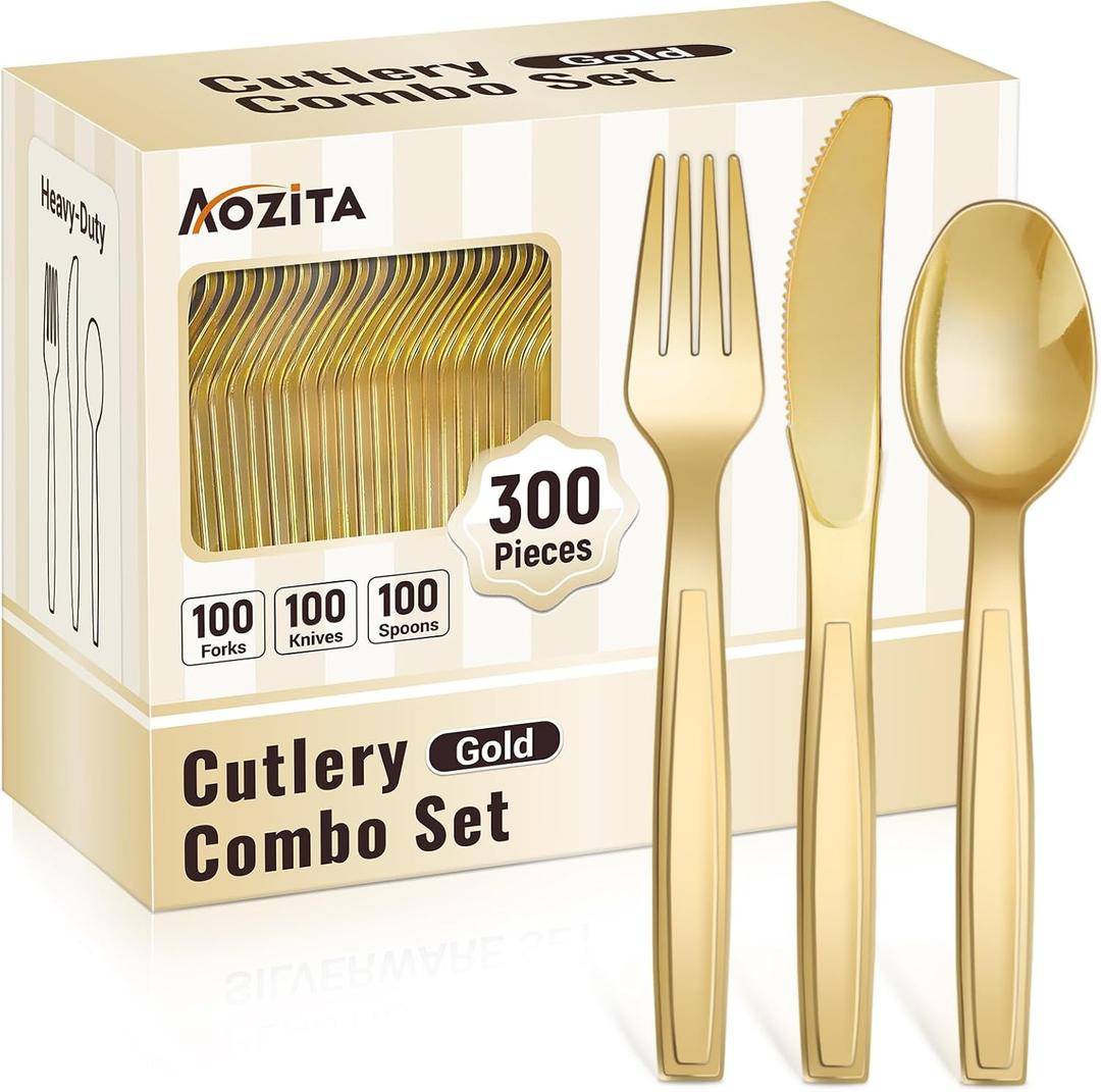 300 Pieces Heavy Duty Gold Plastic Silverware Set, Disposable Gold Cutlery Set Plastic Utensils, BPA-Free and Food Safe, Includes 100 Forks, 100 Spoons and 100 Knives