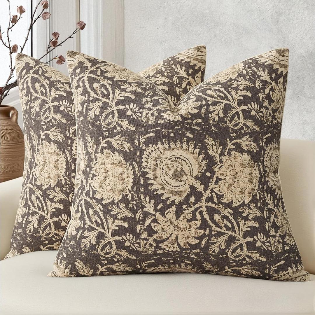 Vintage Floral Print Throw Pillow Covers 18x18 Set of 2 Neutral Modern Farmhouse Pillowcases Accent Decorative Cushion Covers Boho Home Decor for Couch Sofa Chair Bed Living Room, Rustic Gray