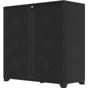 HOMSPARK Indoor/Outdoor Storage Cabinet with Doors and 1 Shelf, 34x15x34 HDPE Plastic Storage Box for Bedroom, Bathroom, Living Room, Balcony, Multi-Purpose for Daily Tools, Black