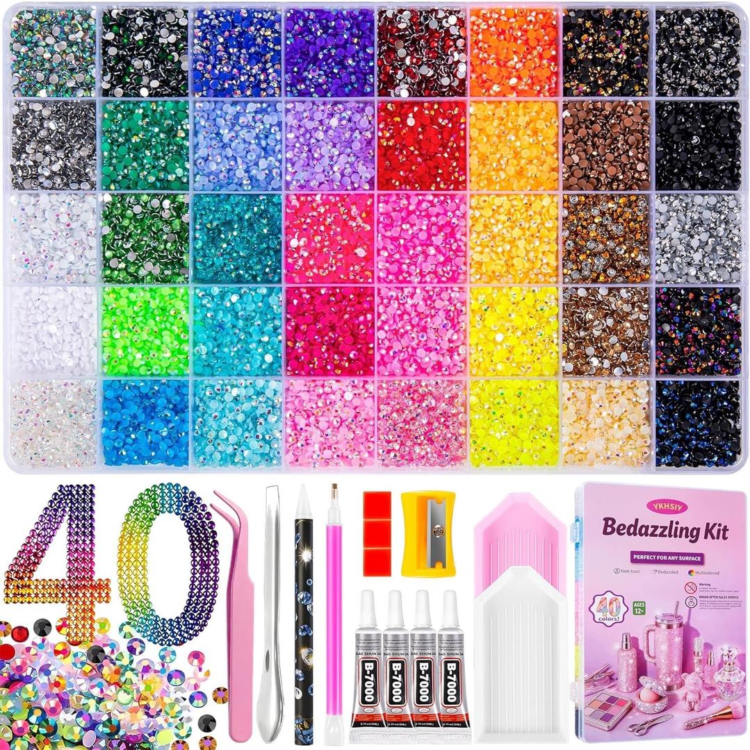 Bedazzling Kit 40000Pcs 40 Colors Resin Jelly Rhinestones, Multicolor 3mm Flatback Gems for Diamond Art, Bedazzler Kit with 4Pcs 10ml B7000 Jewelry Glue & Tools for DIY Nail Art Crafting Makeup Adults