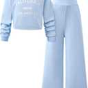 Tween Girls Clothes Off The Shoulder Sweatshirt and Wide Leg Sweatpants Sweatsuit Size 7-14 (Blue, S)