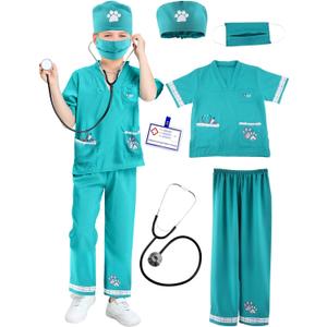 6 Pcs Kids Animal Doctor Costume Set Veterinary Dress Up Clothing for Kids Career Day Halloween Role Cosplay (5-7 Years (120-130 cm), Color Set 1) Size 130
