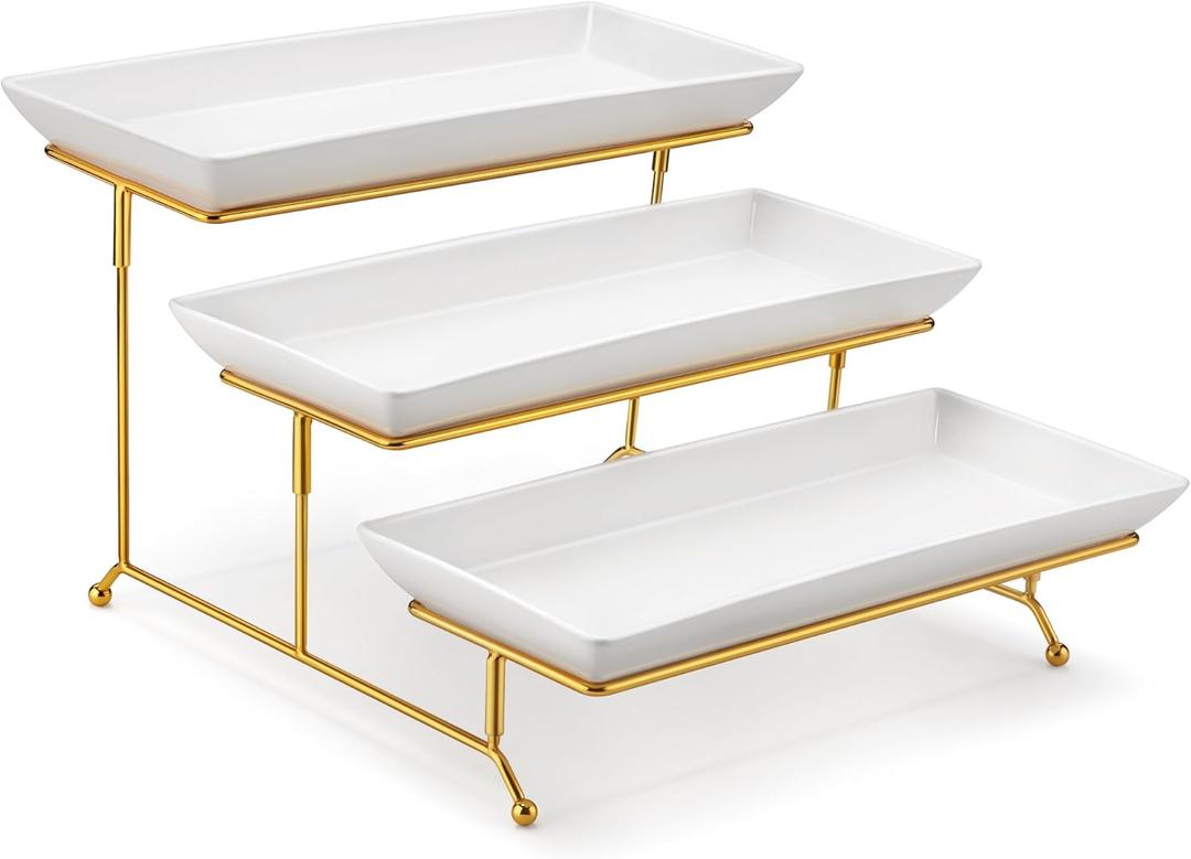 MALACASA 3 Tier Serving Trays for Party, 14 Inch Porcelain White Trays for Serving Food, Dessert Stand with Collapsible Gold Metal Rack