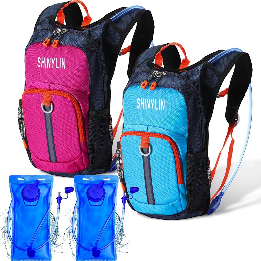 2 Pcs Kids Hydration Backpack with 1.5L Water Bladder Lightweight Kids Hiking Backpack Water Rucksack for Boys Girls Climbing Running (Blue, Purple)