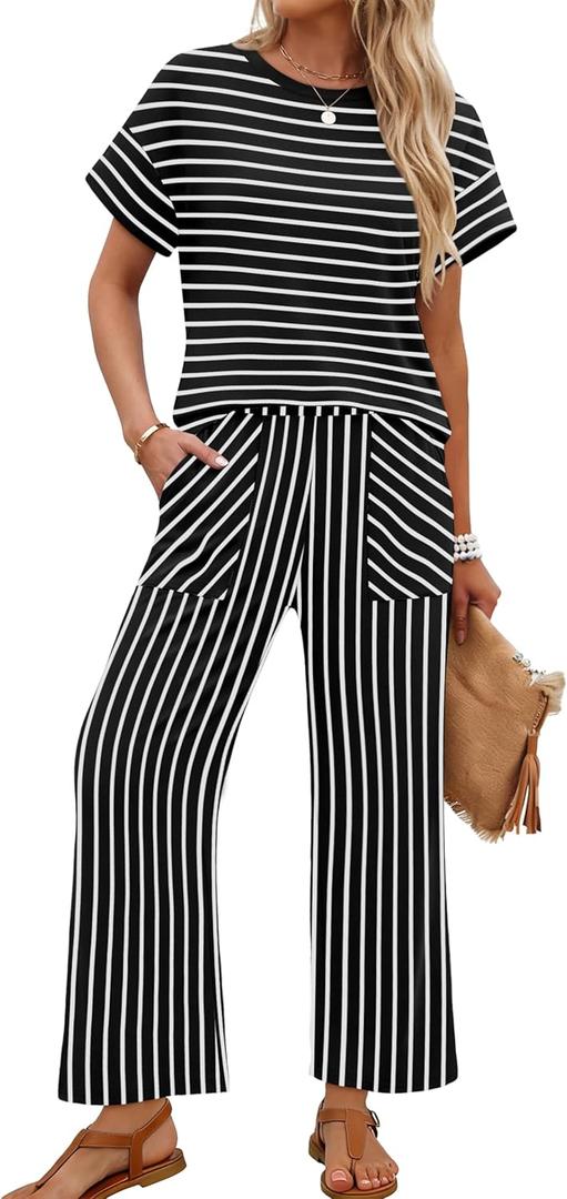 Sampeel Two Piece Sets for Women Cruise Travel Vacation Summer Outfits Lounge Matching Sets Women Clothing Wide Leg Pants Set, Medium