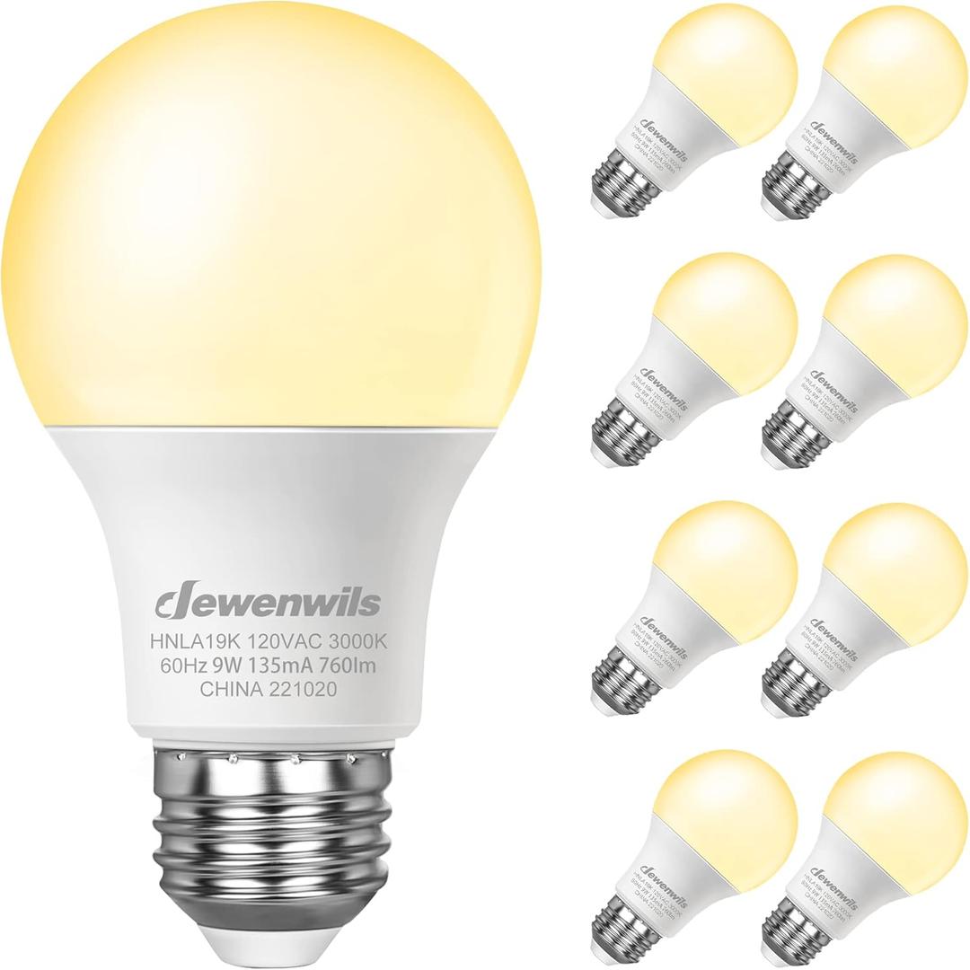 DEWENWILS 8-Pack A19 LED Light Bulbs, 760LM, 3000K Warm Light Bulbs, Energy Saving E26 LED Bulb 60 Watt, Non Dimmable Light Bulb, UL Listed (3000k Soft White)