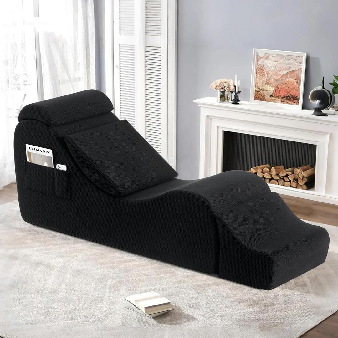 Yoga Chair Lounge for Adult, Ergonomic Chaise Lounge Chair with Side Pocket, Headrest, Waist Pad, OttomanPerfect for Stretching, Massage, and Relaxation, Used in Living Room, BedroomBlack
