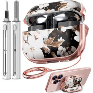 Inesore with Safety Lock for Samsung Galaxy Bud Pro 3 Case/Galaxy Buds 3 Cases with Cleaner Kit and Keychain, Cute Floral Buds Pro 3 Case Cover for Women Girly - Black Gold Flower