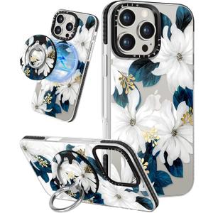 Case for iPhone 16 Pro Max Case Compatible with Magsafe Ring Holder Stand - for Women Blue Flower Design TPU Phone Cover for Girls Girly Funny Fashion