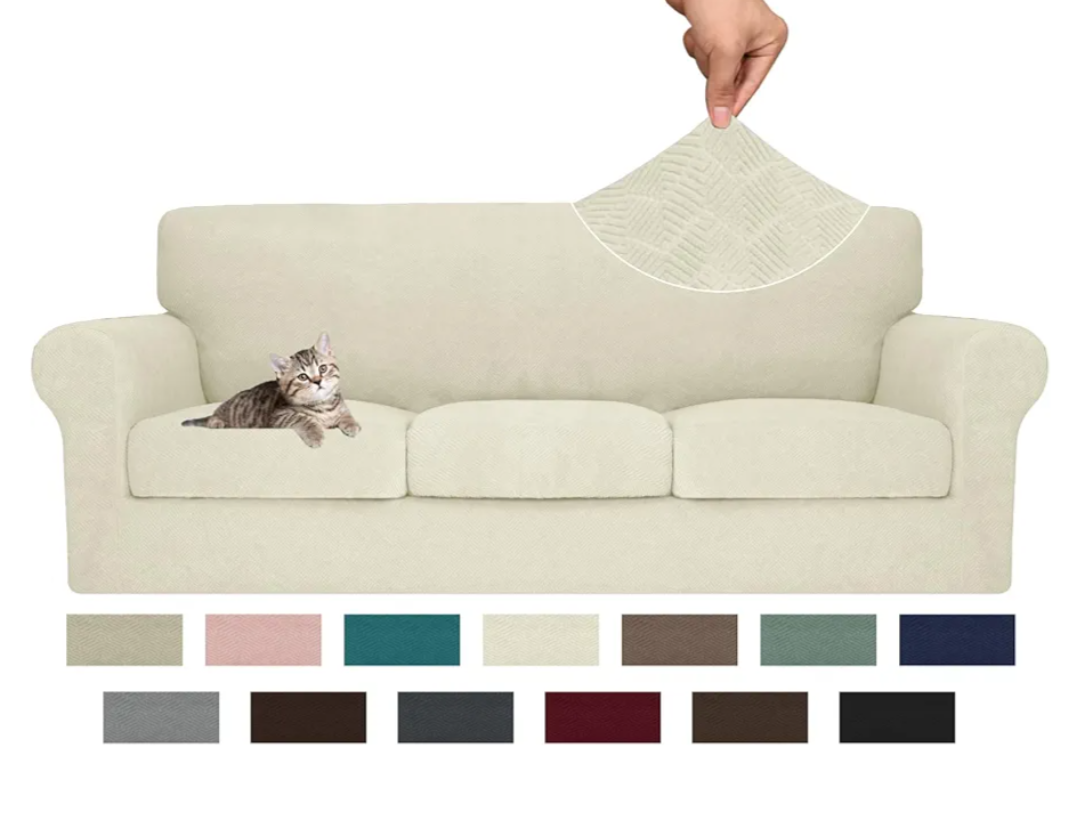 MAXIJIN 4 Piece Couch Covers for 3 Cushion Couch Sofa Covers, Stretch Couch Slipcovers for Sofas with 3 Cushions, Thick 3 Seat Furniture Protector for Dogs Pet (71"-91", Beige)