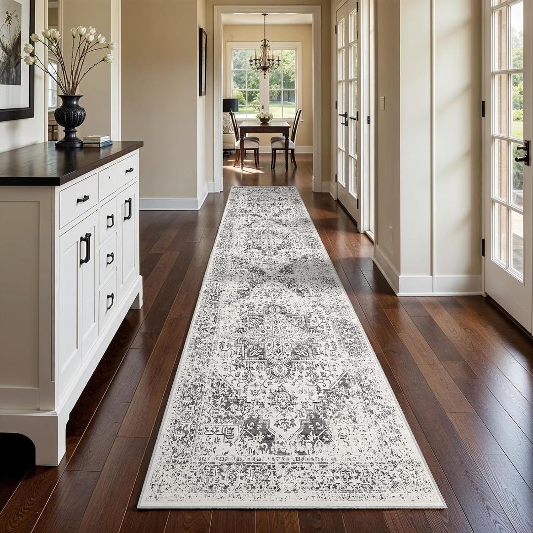 3x14 Washable Hallway Runner Rug - Non Slip Kitchen Runner Rugs with Rubber Backing Vintage Low-Pile Carpet Runners for Entryway Dining Room Laundry Room Home Decor (Distessed Grey)