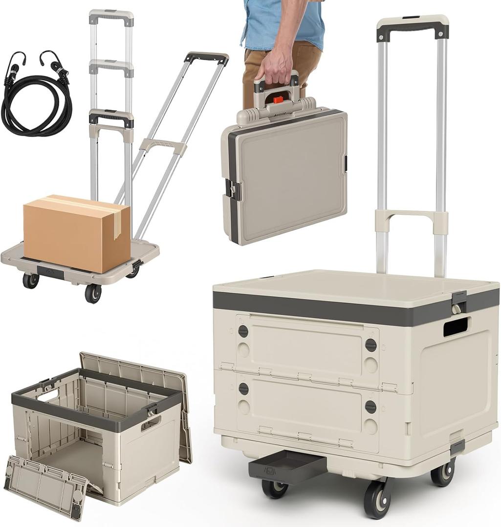 3 in 1 Teacher Cart with Wheels & a Strap, 132 lbs Capacity, Foldable Utility Cart for Luggage/Shopping/Stackable Storage Crate Cart, Beige