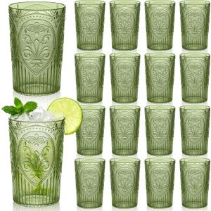 Plastic Vintage Drinking Glasses - 16 oz Stemless Ribbed Highball Glasses Bulk Embossed Reusable Cups for Water Beer Cocktails Juice Wedding Bridal Shower Birthday Event Party(Green,24 Pcs)