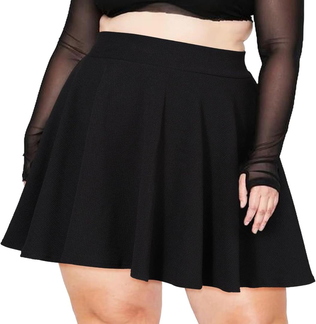 Moon Wood Plus Size Skater Skirt for Women Stretchy Flared Casual High Waisted Mini Skirt for Daily Theme Parks (Black, XXL)
