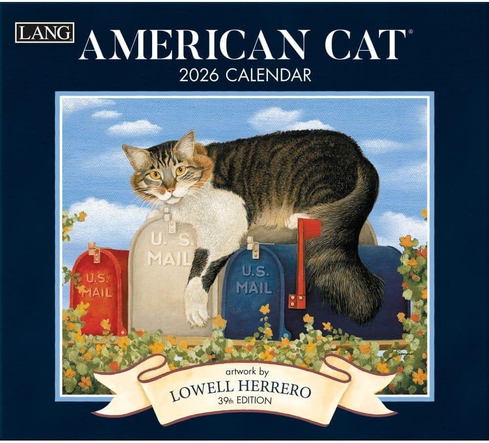 Lang American Cat 2026 Wall Calendar  13.4"  12", 12-Month Calendar with Stapled Binding, Linen-Embossed Art by Lowell Herrero, Charming Feline Imagery