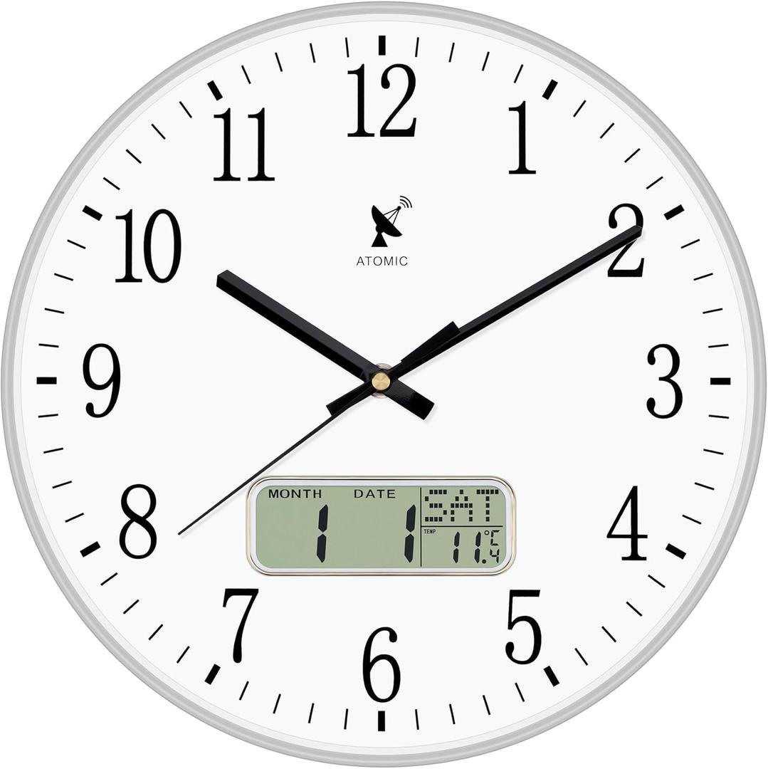 Lumuasky Atomic Analog Wall Clock - 12" Auto DST with LCD Display for Perpetual Calendar and F Temperature Non-Ticking Silent Battery Operated Reloj de Pared - Silver