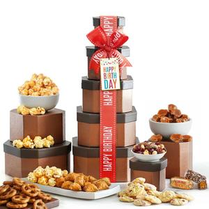 Birthday Gift Basket Tower for Women, Him, Gourmet Snacks & Sweets Food Gifts, Treat Box with Cookies, Delicious Treats, Candy Surprise by Broadway Basketeers (EXP 01/01/27)