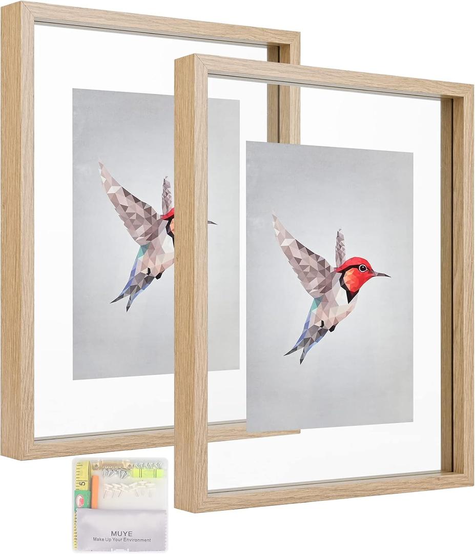MUYE 11x14 Floating Frame Set of 2,Double Glass Rustic Frame,Display Any Size Photo up to 11x14,Wall Mount or Tabletop Standing,Natural