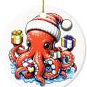 Christmas Ornament - Octopus Ceramic Ornament, Cute Red Octopus with Santa Hat Ornament, Nautical for Ocean Lovers, Divers & Beach Home Decor