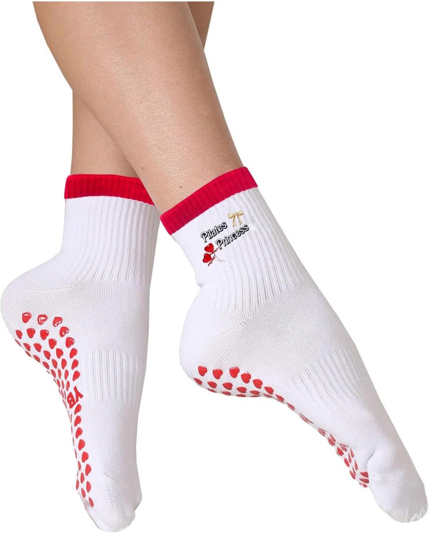 Women's Cute Grip Pilates Socks Non-Slip Crew Yoga Barre Socks with Colored cuff & Embroidery (Red-1 Pack)