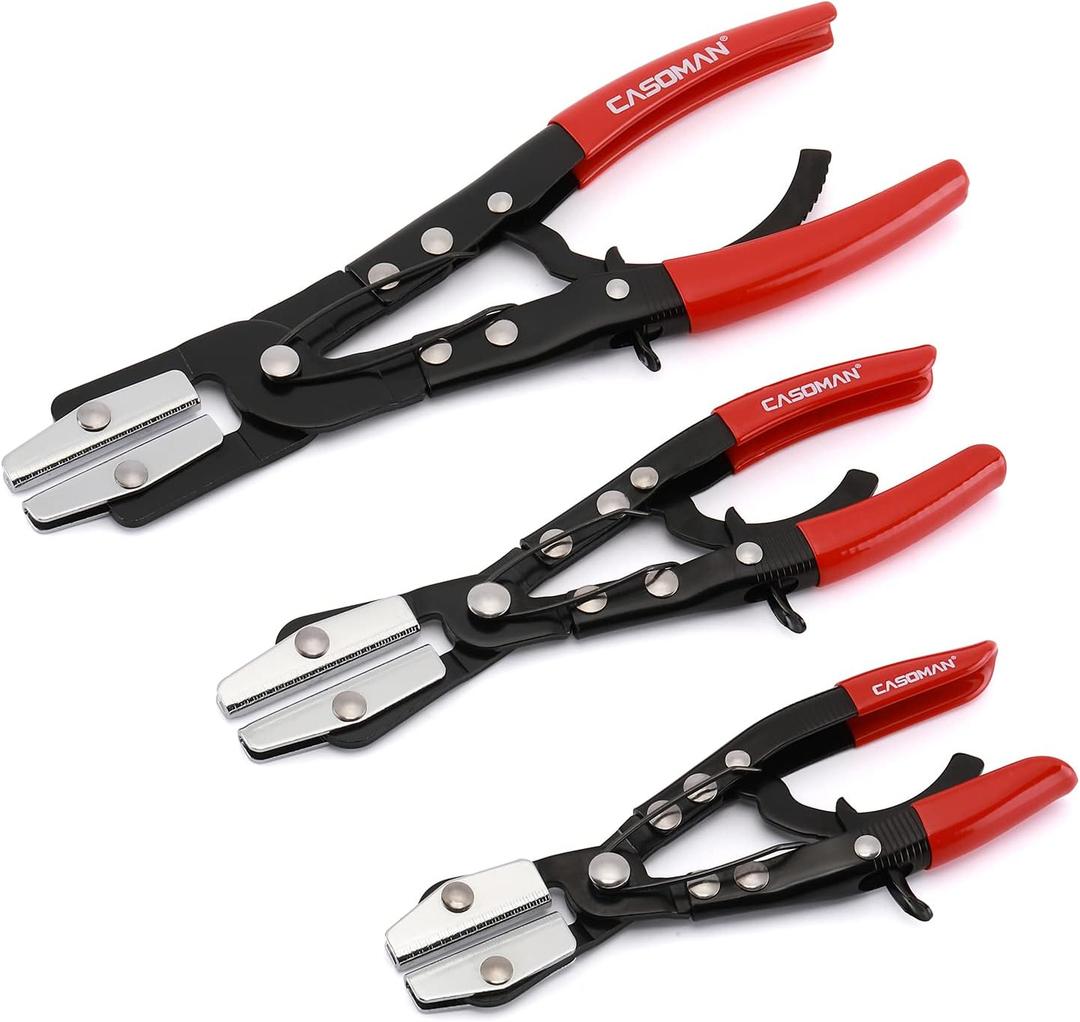 CASOMAN 3PC Hose Pincher Pliers Set, Locking Ratcheting Pliers for Automotive, Radiator, Fuel, Coolant Lines (Red)