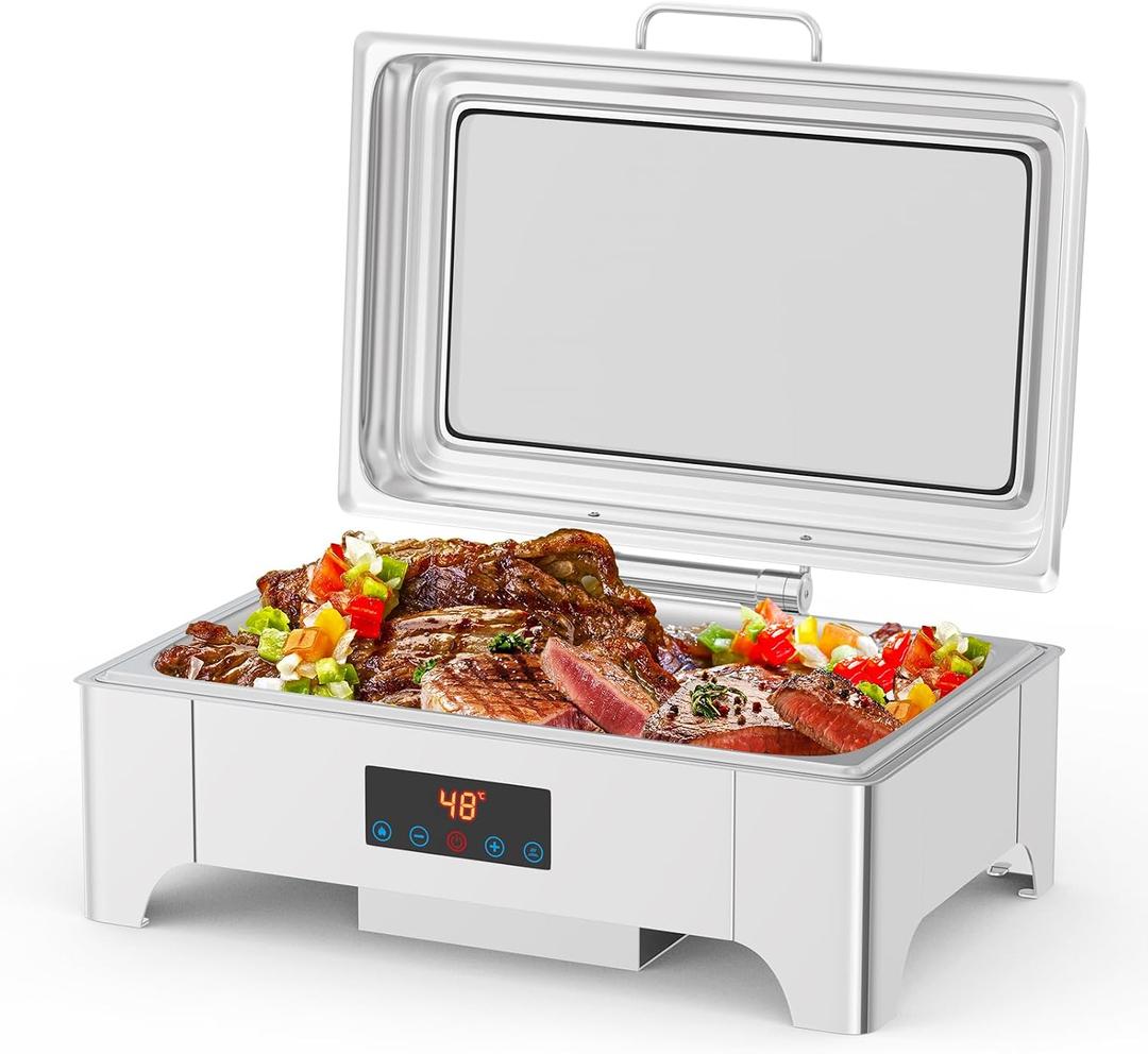 Electric Chafing Dish, 9 QT Full Size Touch Screen Chafing Dishes for Buffet Roll Top Set Food Servers and Warmer with Glass Lid for Catering, Parties, Weddings, Silver