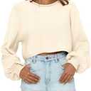 Imily Bela Cropped Sweaters for Women Lantern Long Sleeve Crop Top Slouchy Trendy Loose Crewneck Pullover Sweater (L, Off-white)