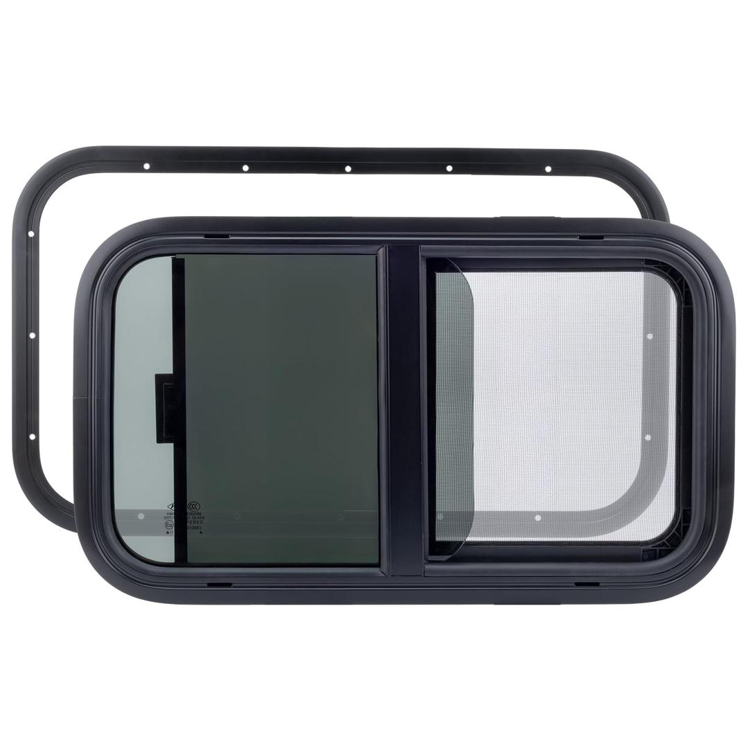 RVSNAIL RV Window For Trailer Camper, 12" W X 22" H Vertical RV Window With Net Screen And Trim Ring, For 15/16" To 1-3/5" Thick Walls, DOT Approved, Black