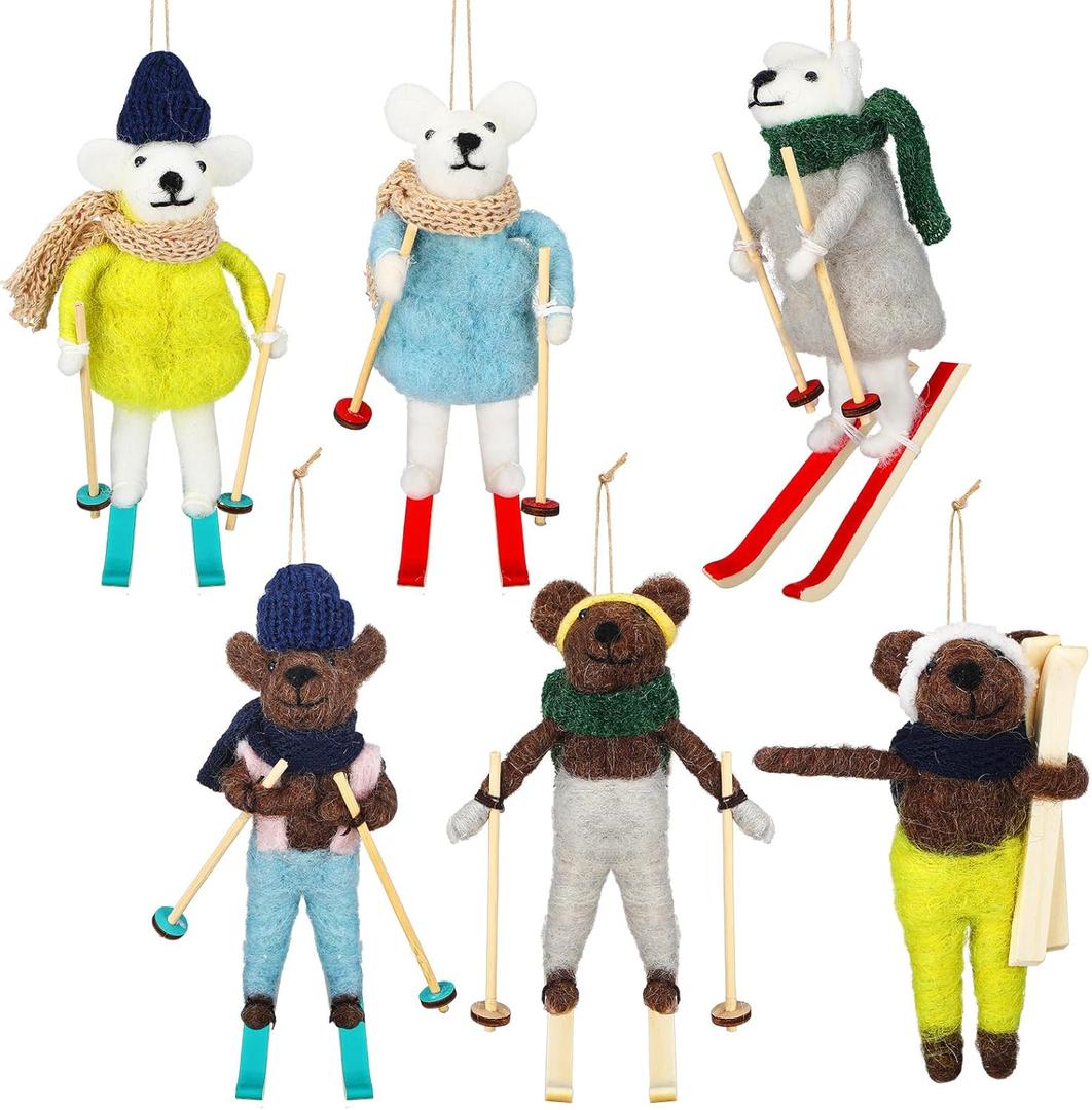 6 Pcs Christmas Tree Bear Ornaments 5.91" Skiing Bear Felt Hanging Animal Ornaments Winter Holiday Christmas Tree Gift Home Decoration