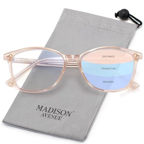 Madison Avenue Vintage TR90 Progressive Multifocus Blue Light Blocking Reading Glasses for Women, Square Anti Glare/Eyestrain Computer Readers 1.5