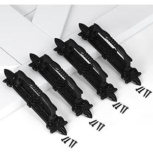 SMARTSTANDARD Heavy Duty 9" Antique Barn Door Handle Set of 4, Large Rustic Carved Door Pull, for Gates Garages Sheds, Black Powder Coated Finish