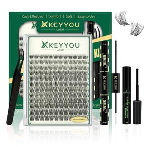 KEYYOU Lash Clusters Kit 120pcs 8-18mm Mix, DIY Eyelash Extension Kit with Bond and Seal, Eyelash Glue and Tweezers for Volume Fluffy Lashes at Home 