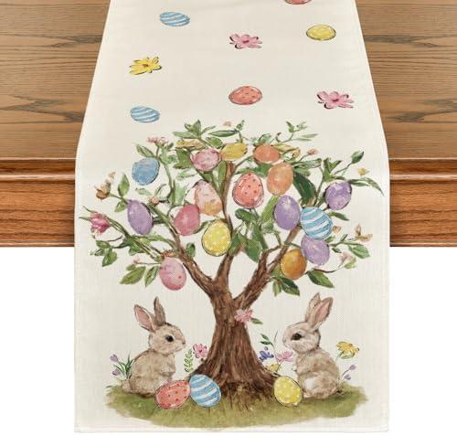 Artoid Mode Bunny Rabbit Eggs Tree 210 GSM Easter Table Runner, Seasonal Spring Floral Kitchen Dining Table Decoration for Home Party Decor 13x120 Inch