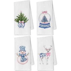 Chinoiserie Christmas Kitchen Towels, Blue and White Christmas Hand Towels for Bathroom, Coquette Pink Bow Christmas Dish Tea Towels for Kitchen, Grand Millenial Decor, 16x24 Inch Set of 4