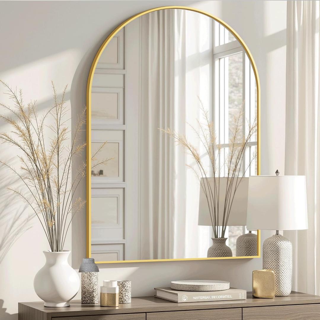 Arched Bathroom Mirror for Wall, 38" x 26" Gold Metal Frame Vanity Mirror, HD Glass Over Sink for Bathroom, Entryway, Bedroom