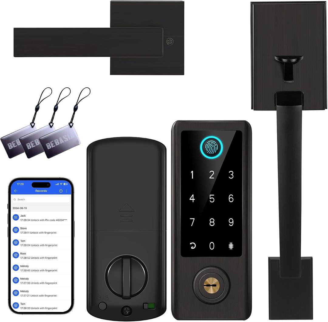 Fingerprint Door Lock with Handle Sets, BEBASIA Keyless Entry Door Lock, Bluetooth Front Door Lock Set, Smart Deadbolt, Electronic Keypad Digital Lock with Handle, Aged Bronze