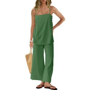 Panadila 2 Piece Linen Set Summer Travel Beach Vacation Outfit Sexy Spaghetti Strap Tank Top and Pants with Pockets (Small, Grass Green)