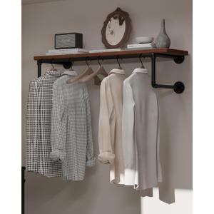 Clothes Rack 36in, Wall Mounted Garment Racks with Brown Real Wood Shelf, Heavy Duty Hanging Clothes Rack, Multi-Purpose Hanging Rod, Space-Saving Closet Storage