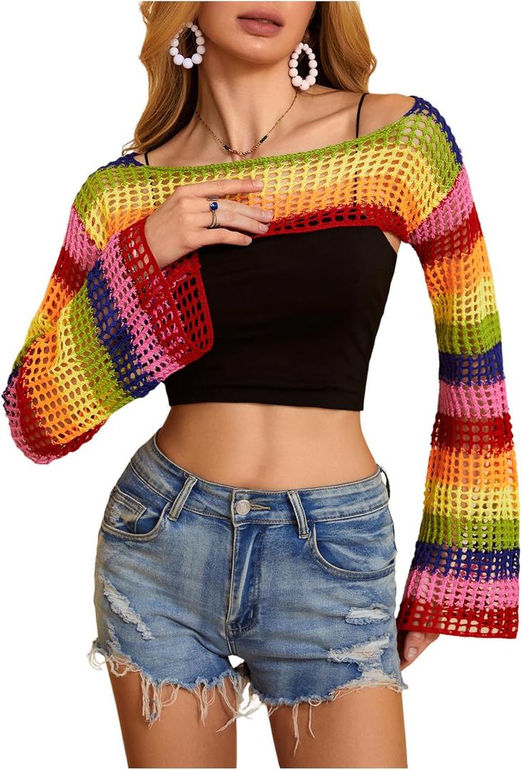 MakeMeChic Women's Rainbow Striped Crochet Shrug Top Bell Sleeve Crop Tops Hollow Out Sweater (Multicolor)