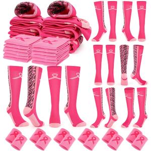 24 Pairs Breast Cancer Awareness Socks Bluk Pink Football Socks With Wrist Sweatbands Athletic Accessories for Volunteer (Pink, L)