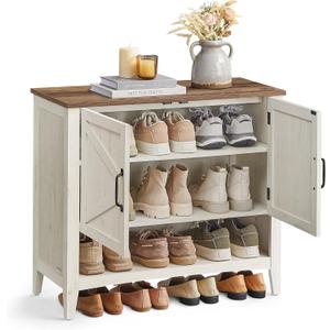 VASAGLE LIRY Collection - Shoe Cabinet, 3-Tier Storage Organizer, Shoe Shelf, Farmhouse Freestanding Cabinet, Height-Adjustable Shelf, 13.8 x 31.5 x 27.6 Inches, Rustic White ULBC038W01