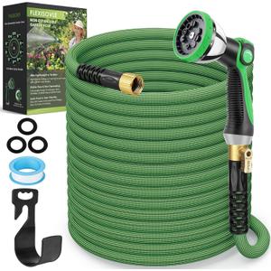Non-Expandable Garden Hose 100 ft, Ultra Lightweight Flexible Water Hose with 10-Pattern Nozzle, Leak-Proof, High-Density Fabric, Thickened Connector, Shut-Off Valve for Yard, Lawn, Outdoor (Green)