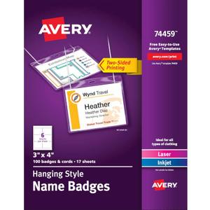 Avery Customizable Name Badges, 3" x 4", Laser/Inkjet Printable Inserts, 100 Name Tag Holders with Cords (74459)