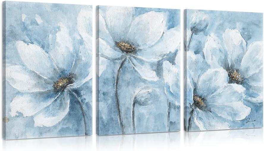 Yidepot Magnolia Flower Picture Wall Decor: Handpainted Blue And White Flower Canvas Wall Art for Bedroom Floral Painting Frame Ready to Hang (16"x24"x3 Panels)