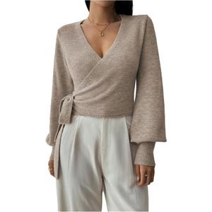 SHENHE Women's Casual V Neck Wrap Sweater Pullover Long Sleeve Slim Fit Knit Crop Top Sweater XS