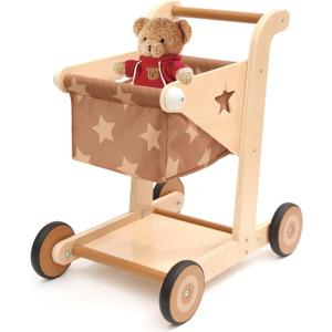 Asweets 2 in 1 Wooden Baby Walker Push and Pull Doll Stroller, Shopping Cart Learning Walker for Boys and Girls, Sit Stand Learning Toddler Toy (Brown)
