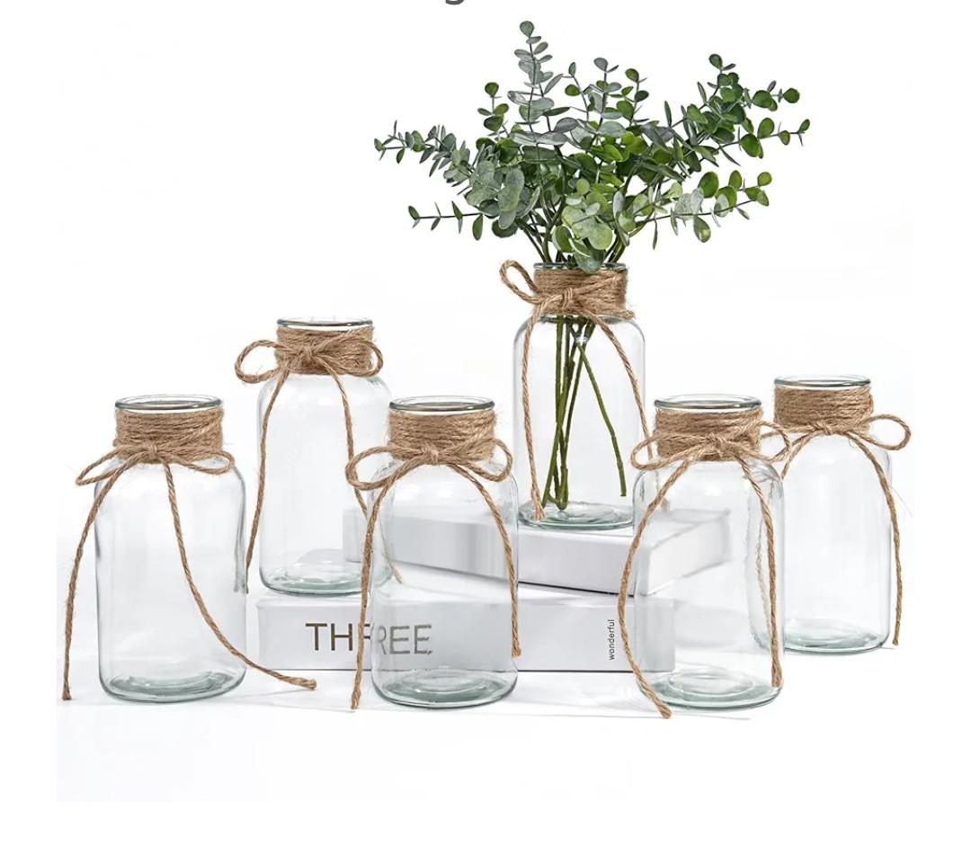 Vintage Glass Vases for Flowers, Set of 6 Clear Vases for Farmhouse Wedding Centerpiece Cylinder Bottle for Reception Table Decoration Home Decor Floral Arrangements