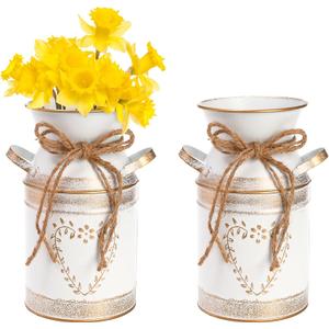 Hacaroa 2 Pack Metal Milk Can Rustic Galvanized Vase, 7.5 Inch Shabby Chic Can Jug with Handle, Primitive Decorative Flower Vase Mini Pitcher for Home, Living Room, Kitchen, Farmhouse Decoration (19 x 10 cm)
