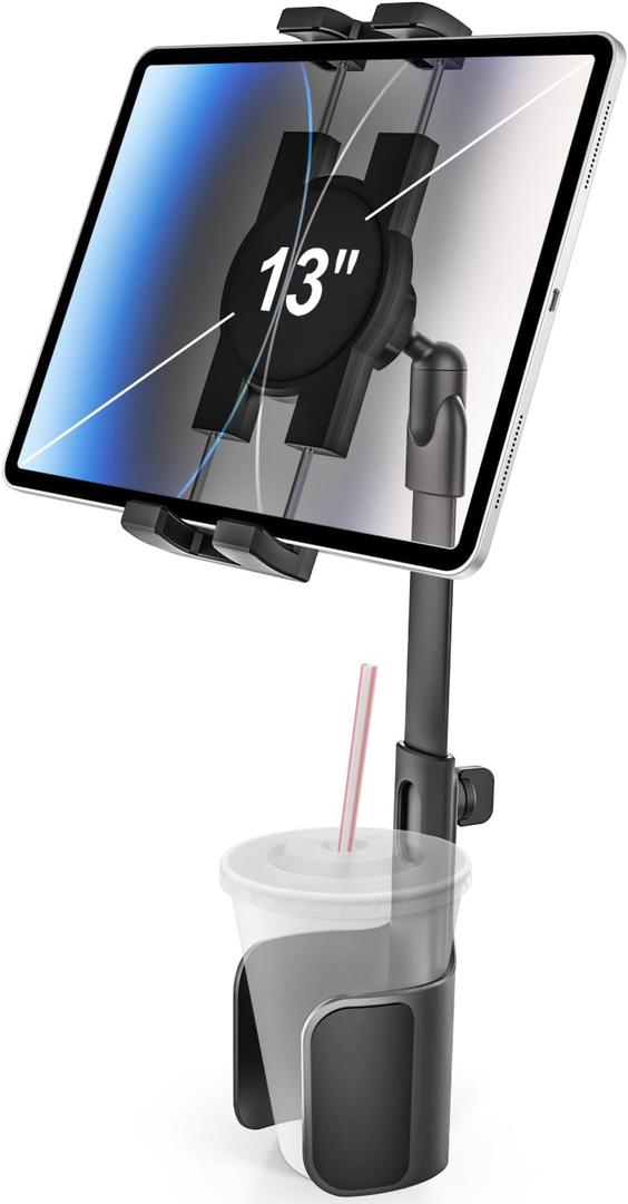 woleyi Cup Holder Tablet Holder for Car Mount - [3 in 1 Expander Bottle] Car Cup Tablet Mount for Car/Truck with Height Adjustable Metal Arm, for iPad Pro Air Mini, Galaxy Tab, Z Fold, 4.7-13" Devices